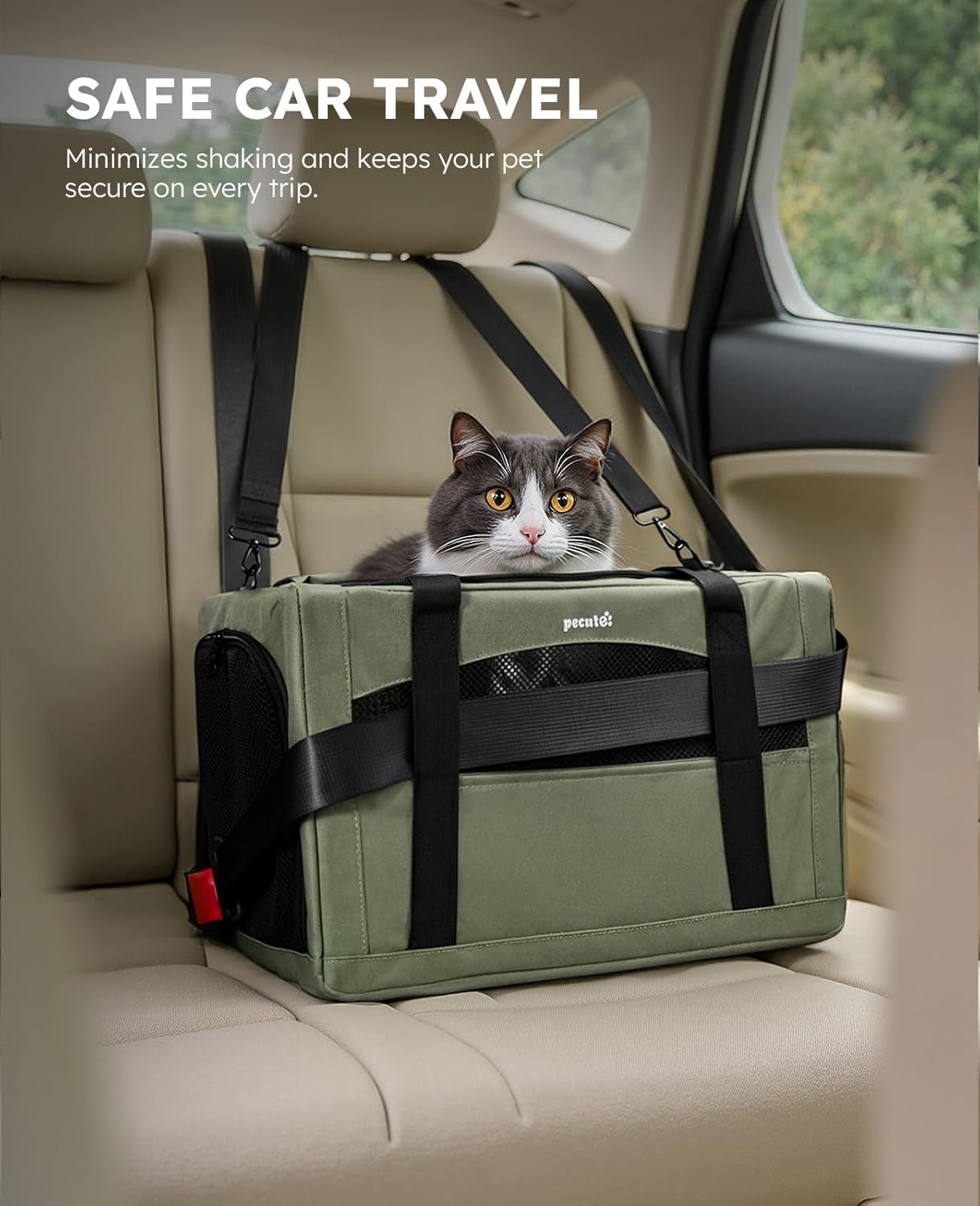 Pecute Cat Carrier Stable, Pet Carrier with Hidden Anxiety Relief Partition & Stable Steel Frame, Safe Cat Carrier for Car Travel, Soft-Sided Dog/Cat Carrier Bag for Pets Up to 11lbs, Green - Image 3