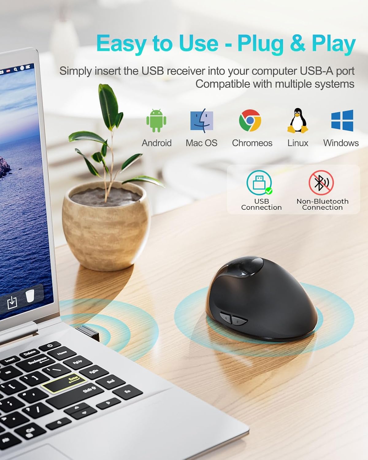 Lekvey Ergonomic Mouse, Vertical Wireless Mouse for Small/Medium Hands, Rechargeable with USB Receiver, 3 DPI for Comfort, Relieves Wrist Pain, Carpal Tunnel Mouse for Laptop, PC, Computer, Mac, Black - Image 4