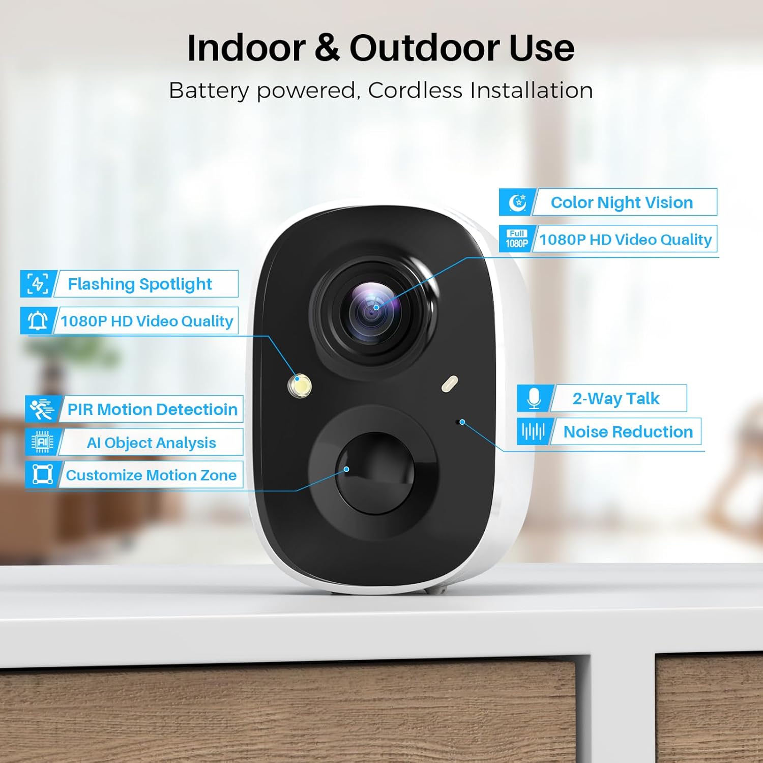 Security Cameras Wireless Outdoor Indoor, 2K Battery Powered WiFi Camera for Home Security, AI Motion Detection, Color Night Vision, IP66 Weatherproof, 2-Way Talk, Siren Alarm, SD/Cloud Storage - Image 8