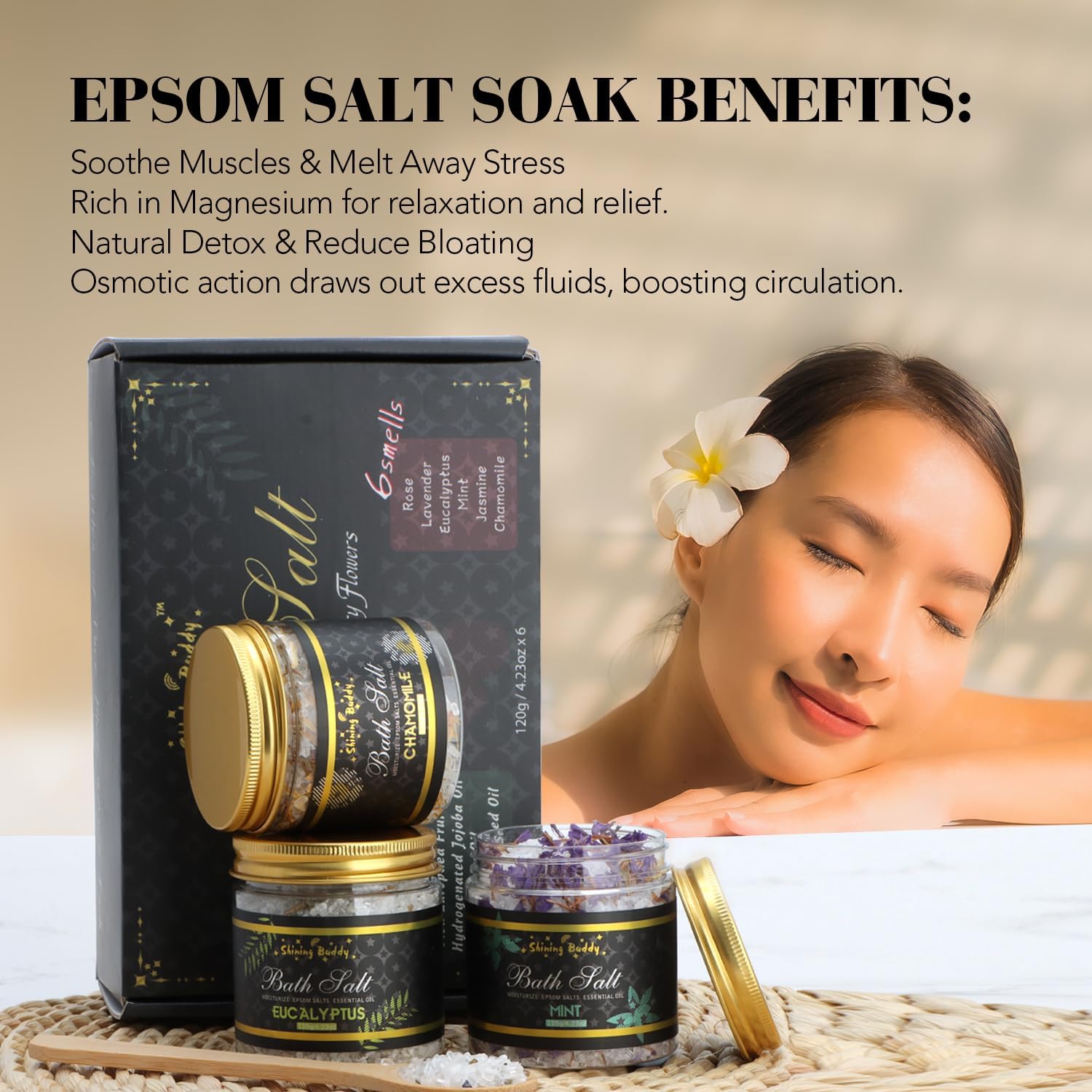 Epsom Bath Salts for Soaking Lavender, Eucalyptus & Rose Bath Salts for Women Relaxing,6pc Self Care Gift Set with Chamomile & Mint Spa Grade Muscle Relief,Natural Essential Oils,Sensitive Skin Safe - Image 3