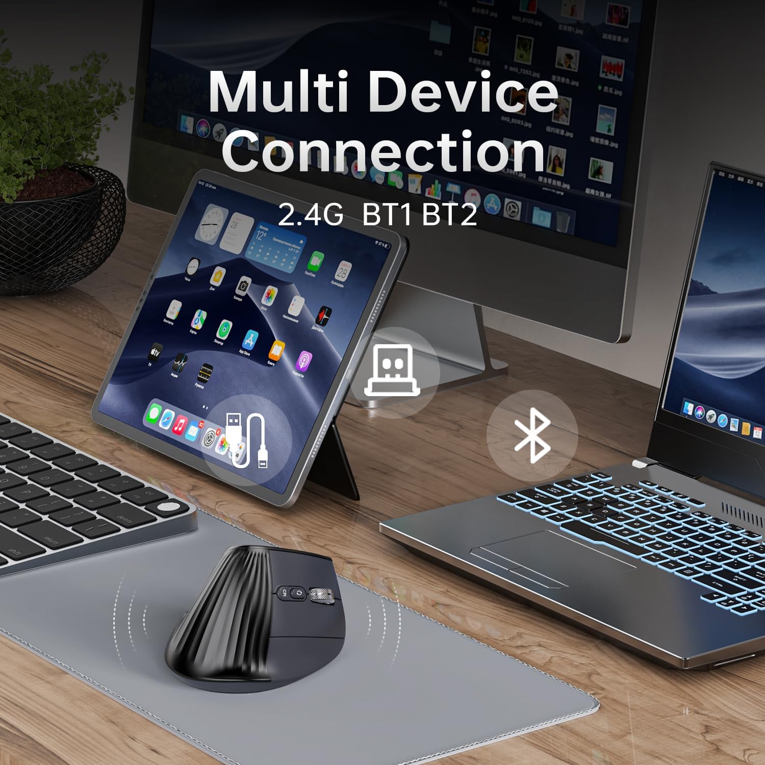 Ergonomic Vertical Mouse Wireless, Bluetooth Ultra-Fast Scrolling 4800 DPI Rechargeable Ergo Mouse, 2.4G Quiet Clicks 6 Buttons RGB Optical Mice, 3 Multi-Device Connectivity for Mac, Laptop - Black - Image 5