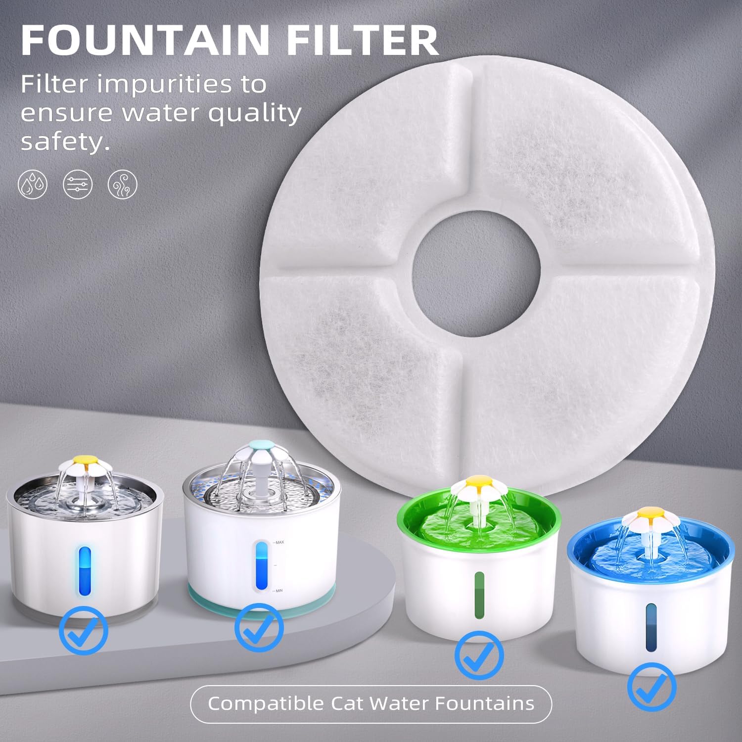 Filters Replacements for Flower Automatic Pet Fountains, Cat Water Fountain Replacement Parts and Dog Water Dispensers Filters for 81oz/2.4L Round Cat Water Fountains (4 Filters+2 Sponges) - Image 2