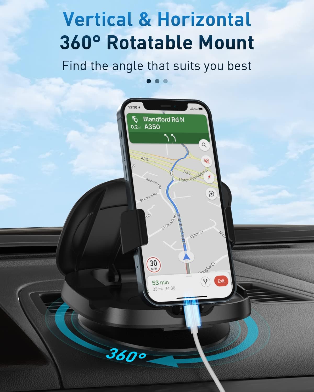 Phone Mount for Car, 360° Rotatable Dashboard Horizontal & Vertical Viewing Cell Phone Holder, Washable Reusable Car Phone Mount, for iPhone Samsung & Smartphones - Image 2