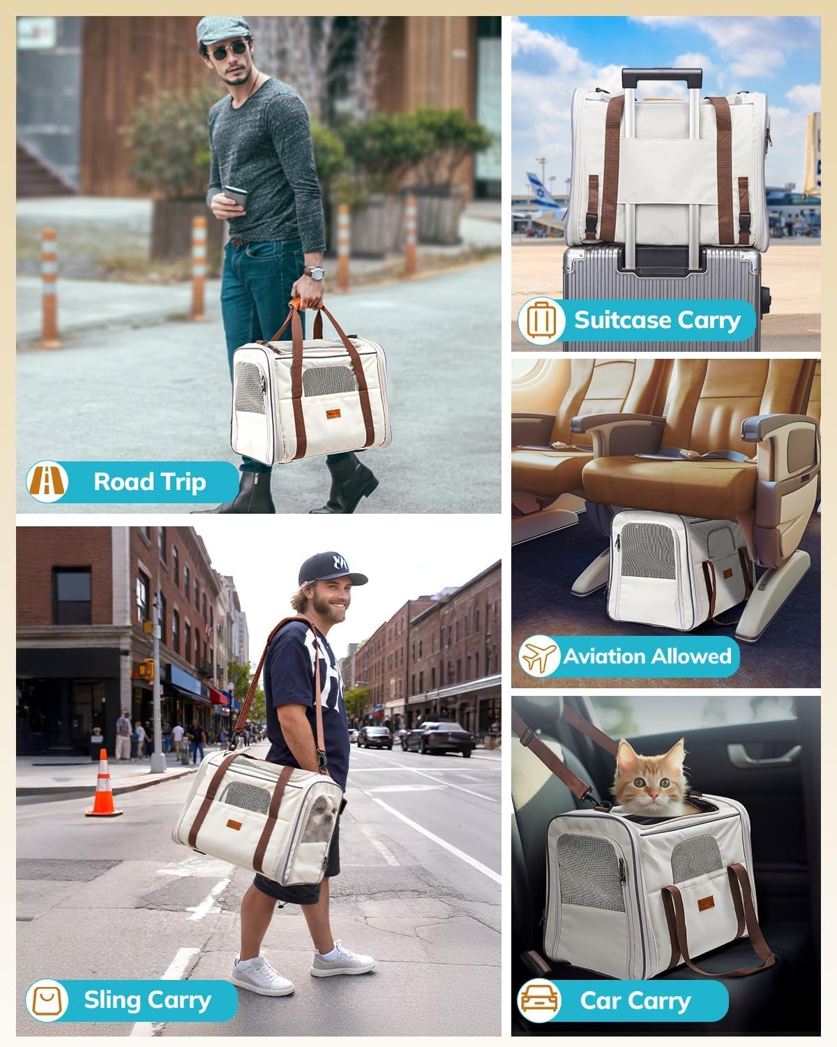 Morpilot Pet Travel Carrier Bag, Soft-Sided Dog Carrier Cat Carrier Pet Carrier, for Large Cats and Medium Puppies up to 25lbs, with Locking Safety Zippers, Foldable Bowl (Beige) - Image 6