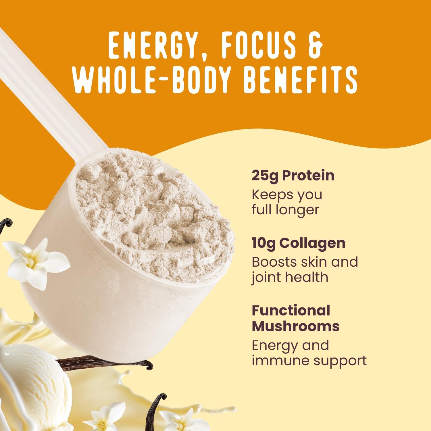 FlavCity Vanilla All in One Protein Shake Powder - On the Go Meal Alternative + Collagen Peptides, Reishi & Cordyceps - Focus, Skin, Hair & Joint Support - 100% Grass Fed Whey, 20 Servings - Image 4