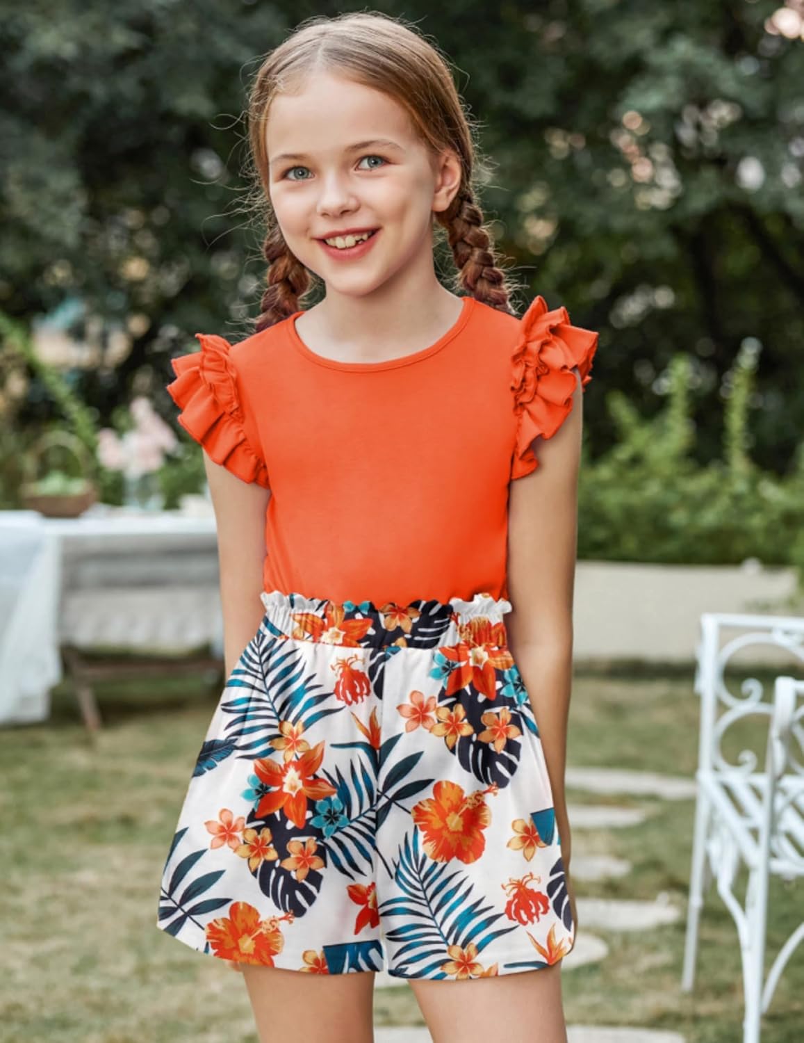 Arshiner Girls 2 Piece Outfits Summer Clothes Ruffle Short Sleeve Shirts Top and High Waist Paper Bag Shorts Set with Pockets - Image 2