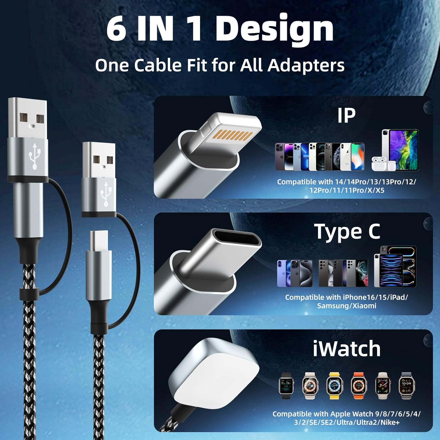 Travel 3 in 2 Charging Cable for iWatch Charger, Travel Essentials UB-A/USB-C Multi Charging Cable/Cord for All Devices Compatible for iWatch Ultra/SE/10-1, iPhone16 15 14, Android-5FT - Image 3