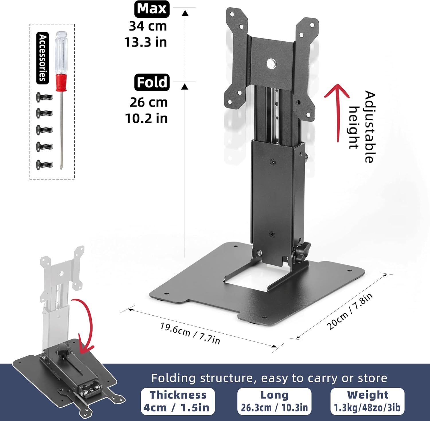 WEARSON Folding Monitor Stand - Height Adjustable Vesa Monitor Stand, Tilt, Rotation Free Standing Low Profile Desk Mount for Single Monitor up to 28 inch Screens Upgrade WS-03T - Image 4
