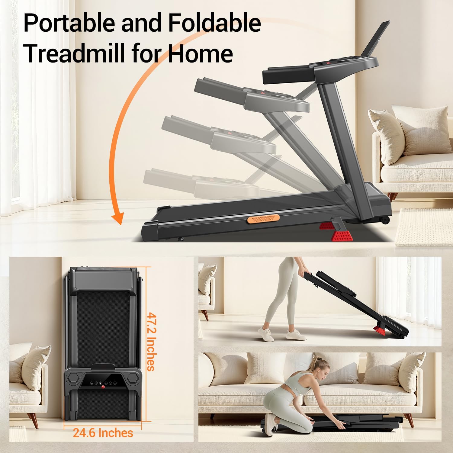 16% Treadmills for Home, 3-in-1 Foldable Treadmill with Incline, Portable Treadmill with Handle, 3.0HP Quiet Walking Pad Treadmill, 12 Automatic Modes, Three Screen - Image 6