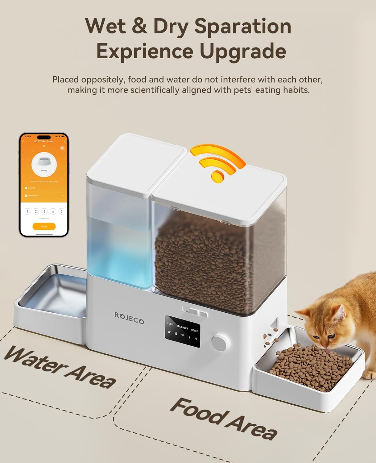 Rojeco 36Cups/8.5L WiFi Automatic Cat Feeder and Gravity Water Dispenser,Stainless Steel Bowls 2-in-1 Large Capacity 5L Food Dispenser with APP and 3.5L Water Fountain for Pets,Dogs,Puppies,Kittens - Image 3