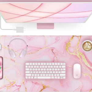 Pink Marble Mouse Pad with 15W Wireless Charging, 31.5″x15.8″ Large Gaming Desk Pad/Mat for Women Girls, Waterproof Ultra-Smooth Surface, Non-Slip Base, with 20W PD Adapter