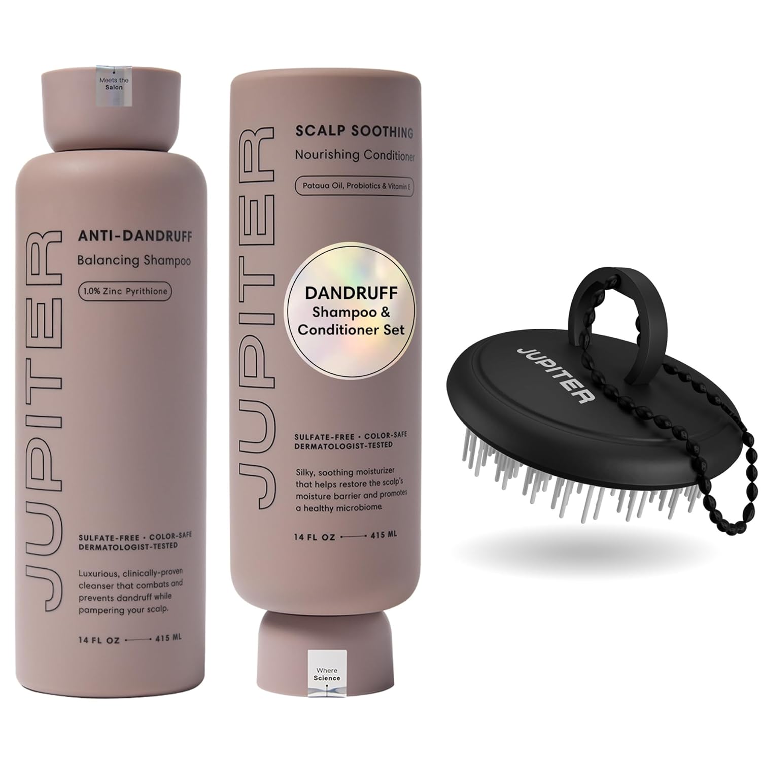 Jupiter Anti Dandruff Shampoo, Conditioner, & Scalp Scrubber for Flaky, Itchy & Dry Scalp - Hydrates & Reduces Flakes - Scalp Treatment & Hair Care Set - Color-Safe, Sulfate-Free, Paraben-Free