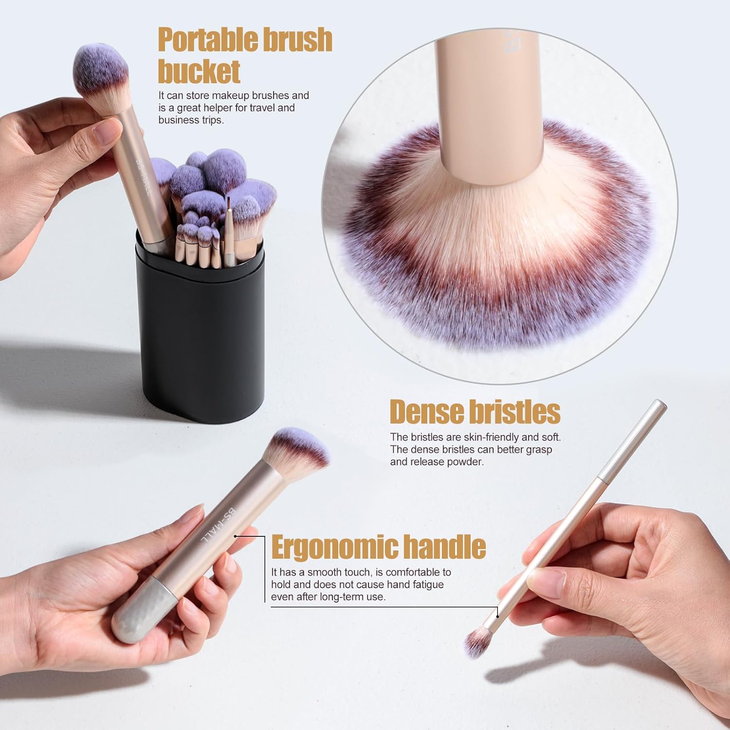 BS-MALL 21 Pcs Professional makeup brush set with foundation brush for liquid Makeup, eyeshadow Brush, concealer brush - Includes 6 Triangle Puffs & case for Even, Multi-purpose application (Golden) - Image 4