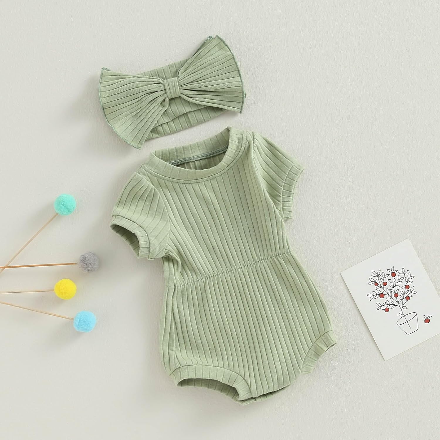 FOCUSNORM Baby Girl Summer Clothes Ribbed Short Sleeve Romper Solid Color Bodysuits Bow Headband Outfit Newborn Girl Jumpsuit - Image 6