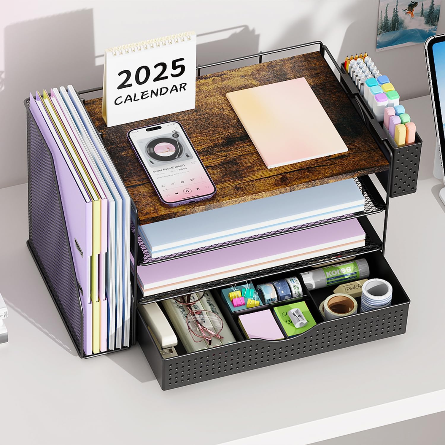 gianotter Wood Desk Organizers and Accessories with File Holder, 4-Tier Desk Accessories & Workspace Organizers with Drawer and Pen Holder, Desk Reference Organizer (Wood) - Image 6