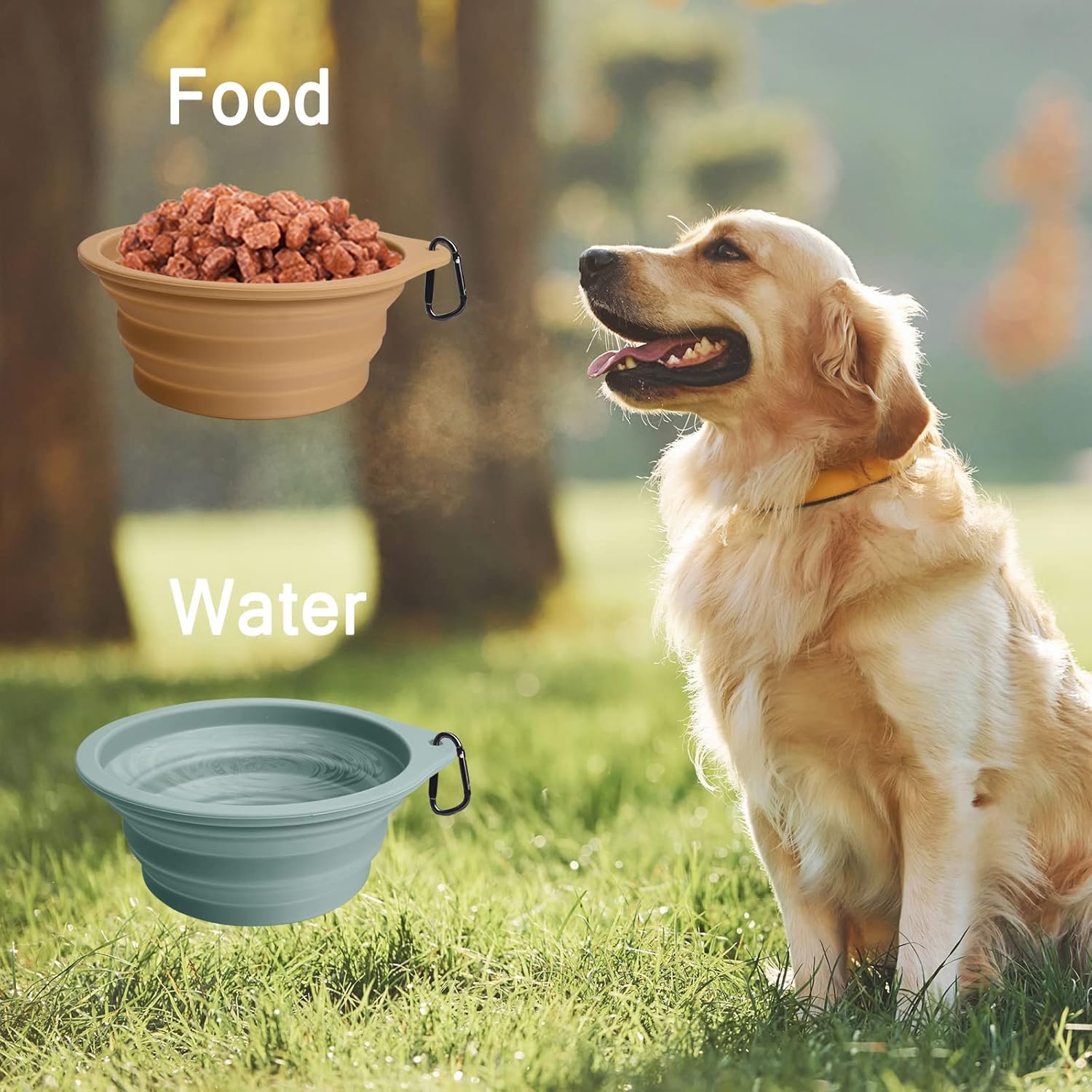 PetBonus 2-Pack Silicone Collapsible Dog Bowls, BPA Free Dishwasher Safe, Portable Foldable Expandable Travel Bowl, Food Water Feeding Cup Dish for Dogs Cats with 2 Carabiners (Turquoise, Tan) - Image 4
