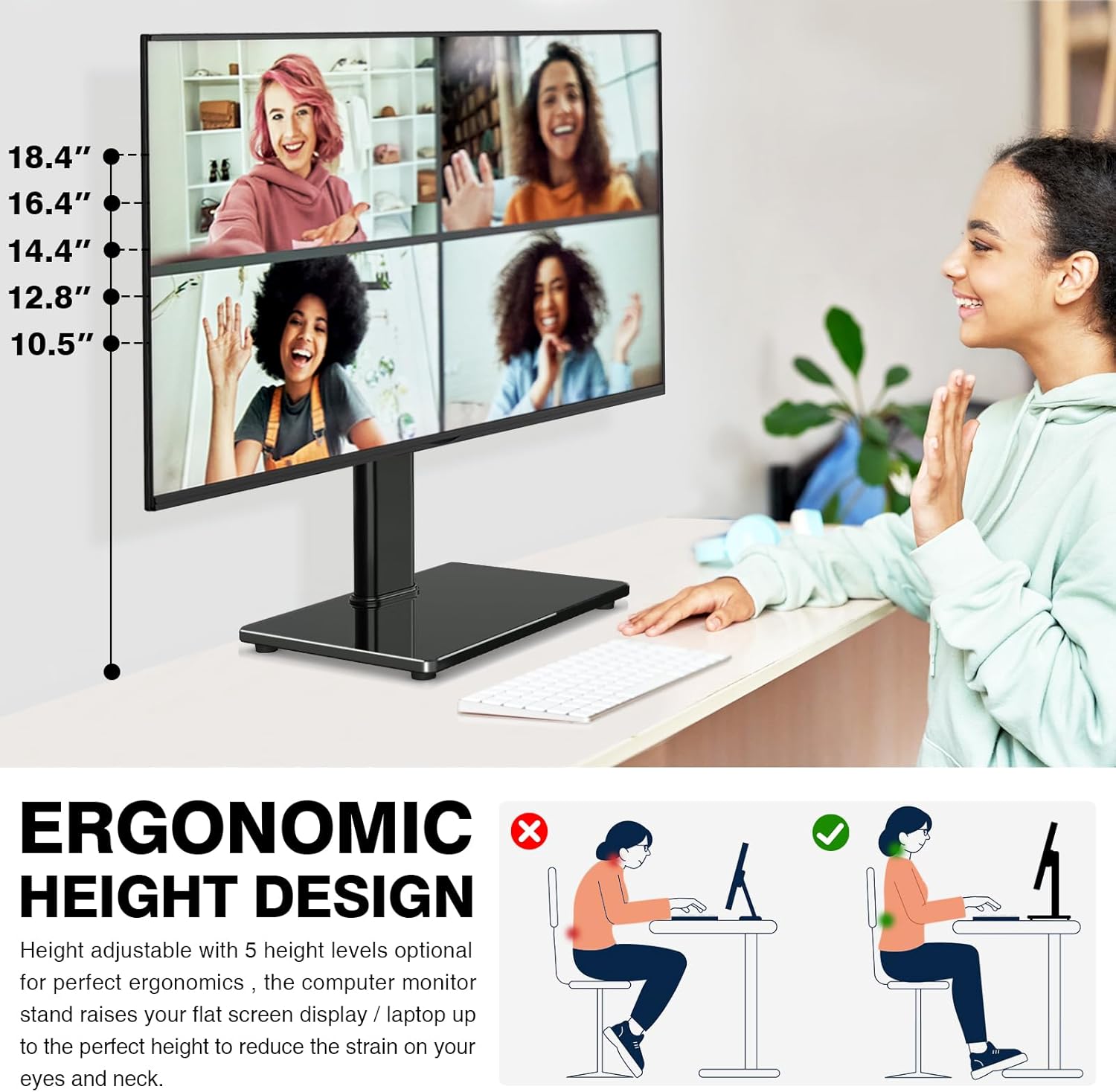 Single Monitor Stand VESA Mount for 13-32 Inch Screens, Free-Standing Monitor Riser with Swivel Tilt Rotation Height Adjustable, Universal Desk Stand up to 44lbs, VESA 75x75, 100x100mm - Image 3