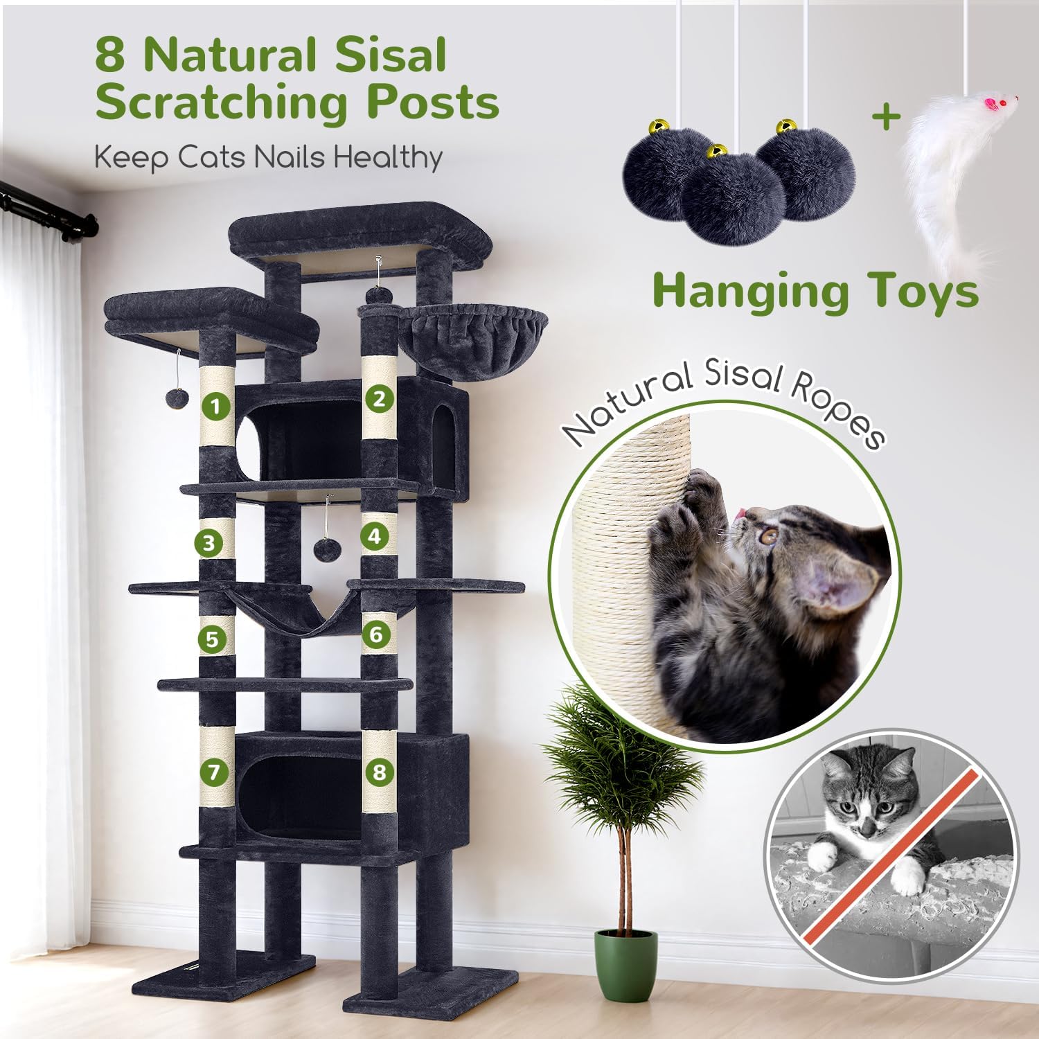 Globlazer XXL Giant Cat Tree, 83 Inch Heavy Duty Tall Cat Tower for Indoor Cats Large Adult, Multi-Level Large Cat Condo with 8 Scratching Posts, Hammock, 2 Cat Caves, 2 Platform, F83B, Dark Grey - Image 6