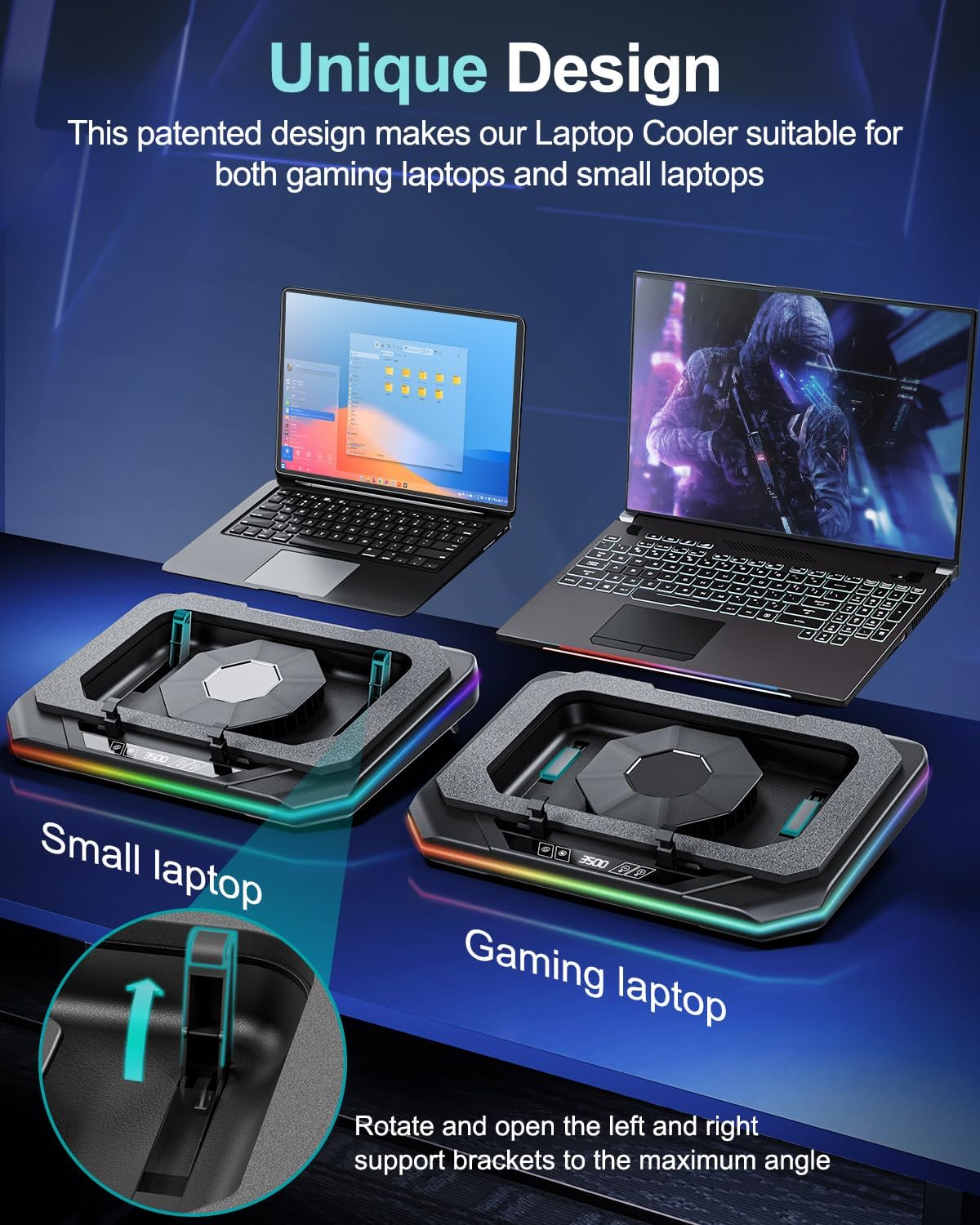 MOUNT PRO Gaming Laptop Cooling Pad, RGB Laptop Cooler Stand with Powerful Turbofan (3500 RPM), Height Adjustable Laptop Fan Cooling Pad for 13-19 Inches Notebook, with Sealed Foam, Touch Control - Image 3