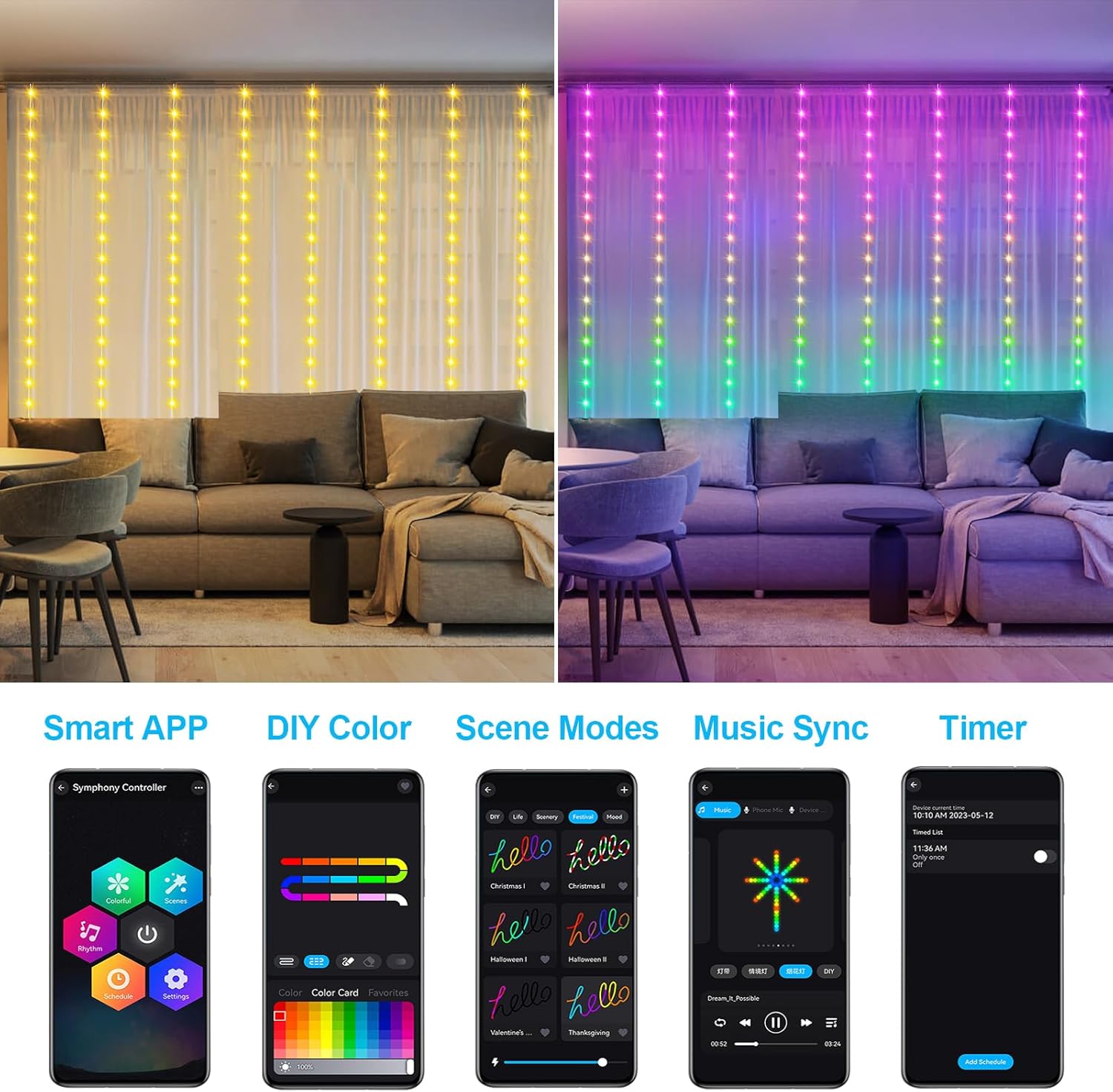 LumBelle Smart Curtain Lights RGB 5050 Built in Chip, Color Changing Curtain Lights with Music Sync APP Remote Control, 8Ft x 6Ft 144LED USB Powered Fairy Lights for Party Patio Garden Decor - Image 4