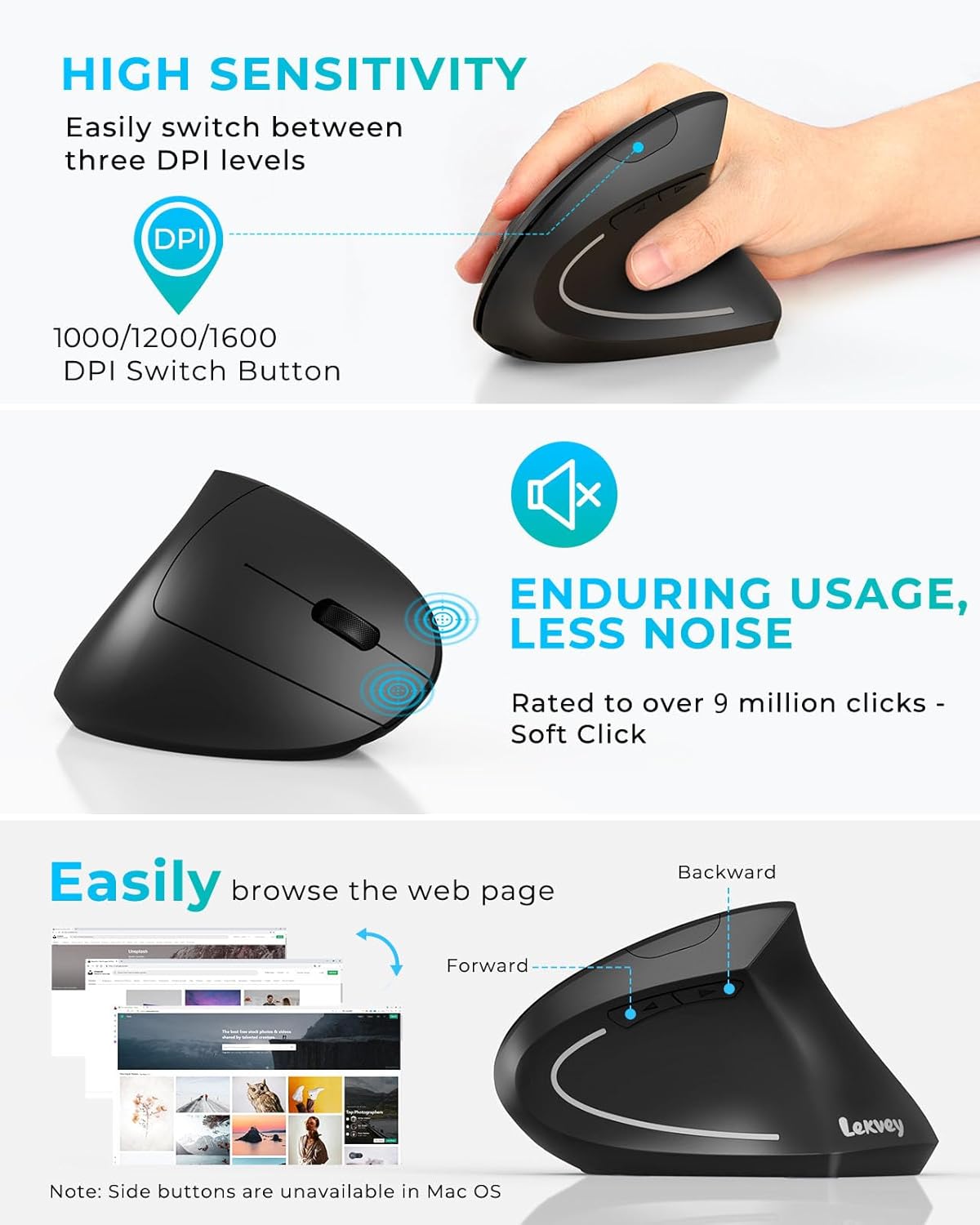 Lekvey Ergonomic Mouse, Vertical Wireless Mouse: Rechargeable Optical Carpal Tunnel Mice with 2.4G USB Receiver, 1000/1200/1600 DPI, 6 Buttons, for Laptop, Computer, Mac, PC, Desktop, Notebook, Black - Image 5