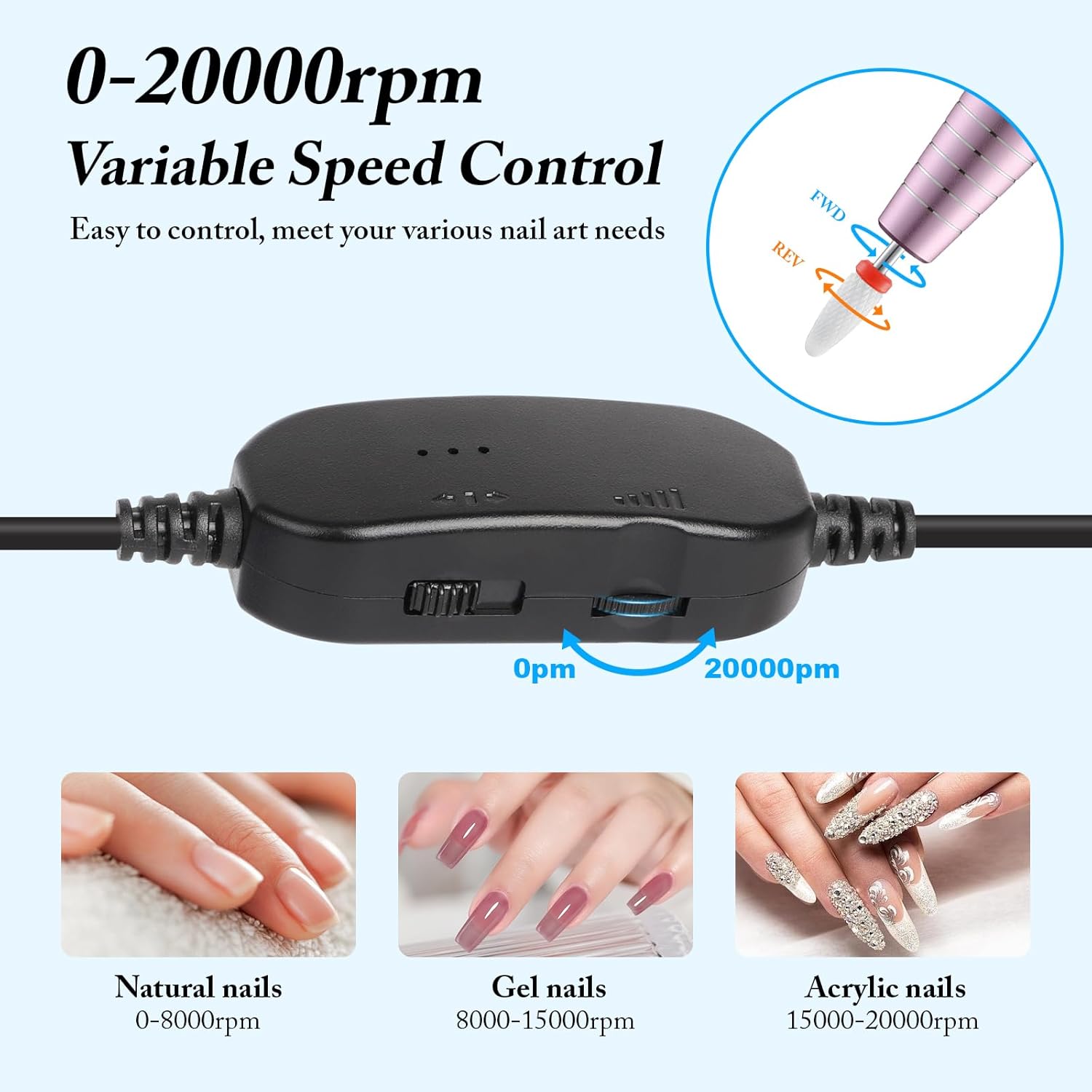 Electric Nail Drill for Acrylic and Gel Nails, Low Vibration Ultra Quiet Portable E File Machine for Home Manicure and Pedicure, Nail Kit with Bits and Sanding Bands(Pink Set) - Image 6