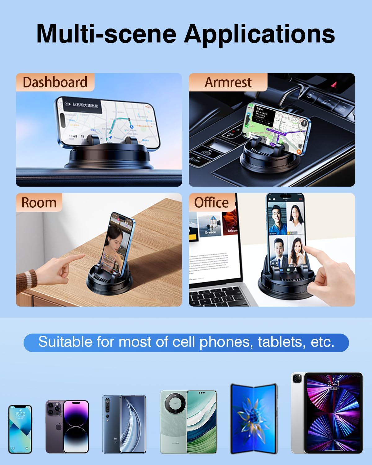 Dash Cell Phone Car Mount, Multifunctional Car Dashboard Mobile Phone Holder, 360 Rotatable Universal Dash Mounted Car Phone Stand Hands Free, Compatible with iPhone, Samsung, Google, Android - Image 9