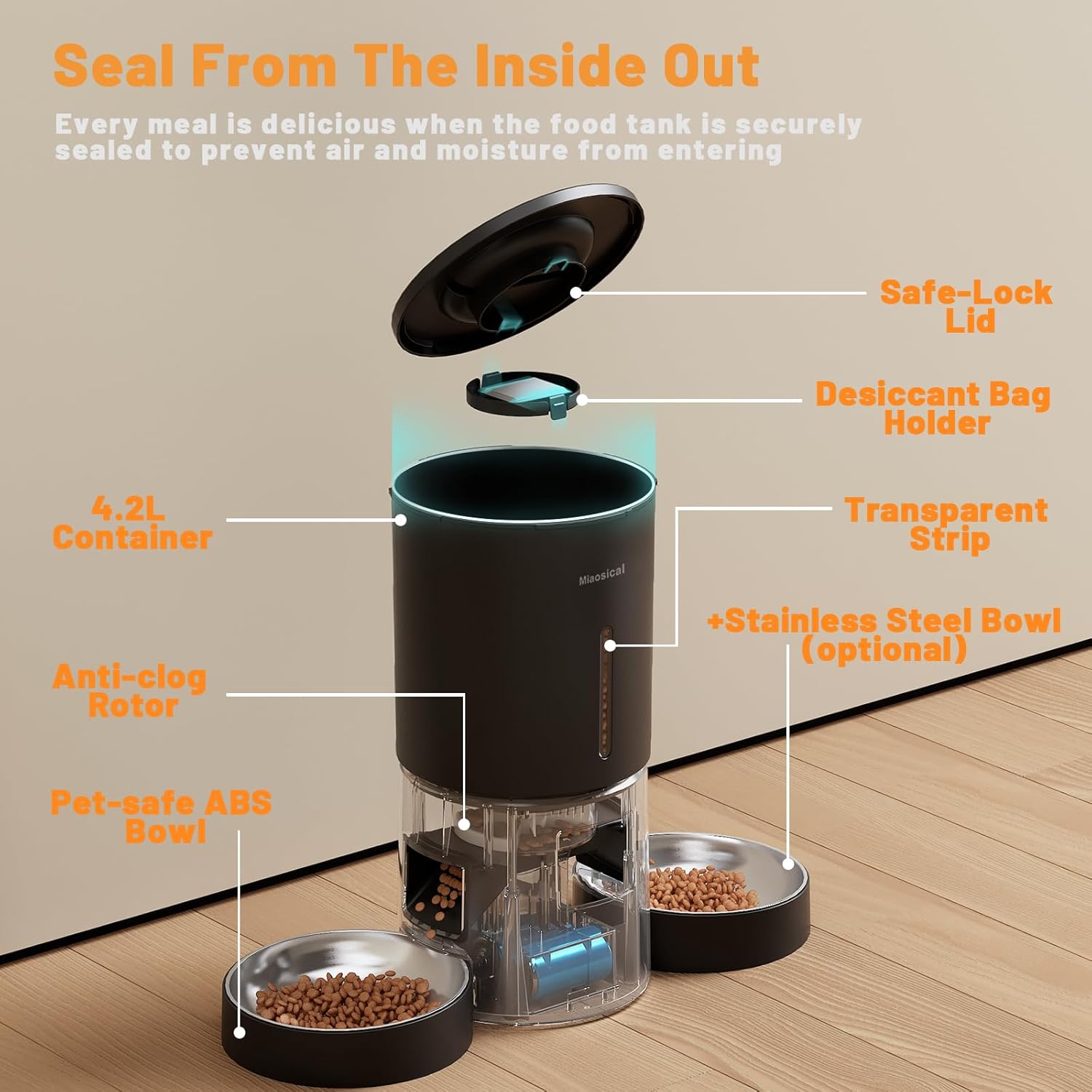 Miaosical Automatic Cat Feeder 2 Cats,2.4G WiFi Timed Auto Cat Food Dispenser with Dual Bowls,4.2L Smart App Control,Equal Portion Feeding for Multiple Cats (Black, 4.2L WiFi Dual Bowl) - Image 8
