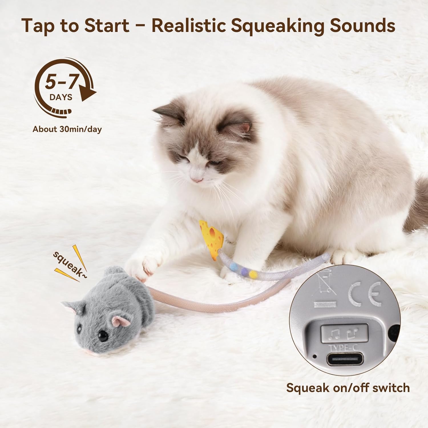 Migipaws Interactive MigiMouse Cat Toy 360° Rolling & Spin with Mesh Plastic Tail for Indoor Cats Smart Motion Sensor, Realistic Squeak, Rechargeable Plush Kitten Toy(Grey) - Image 3