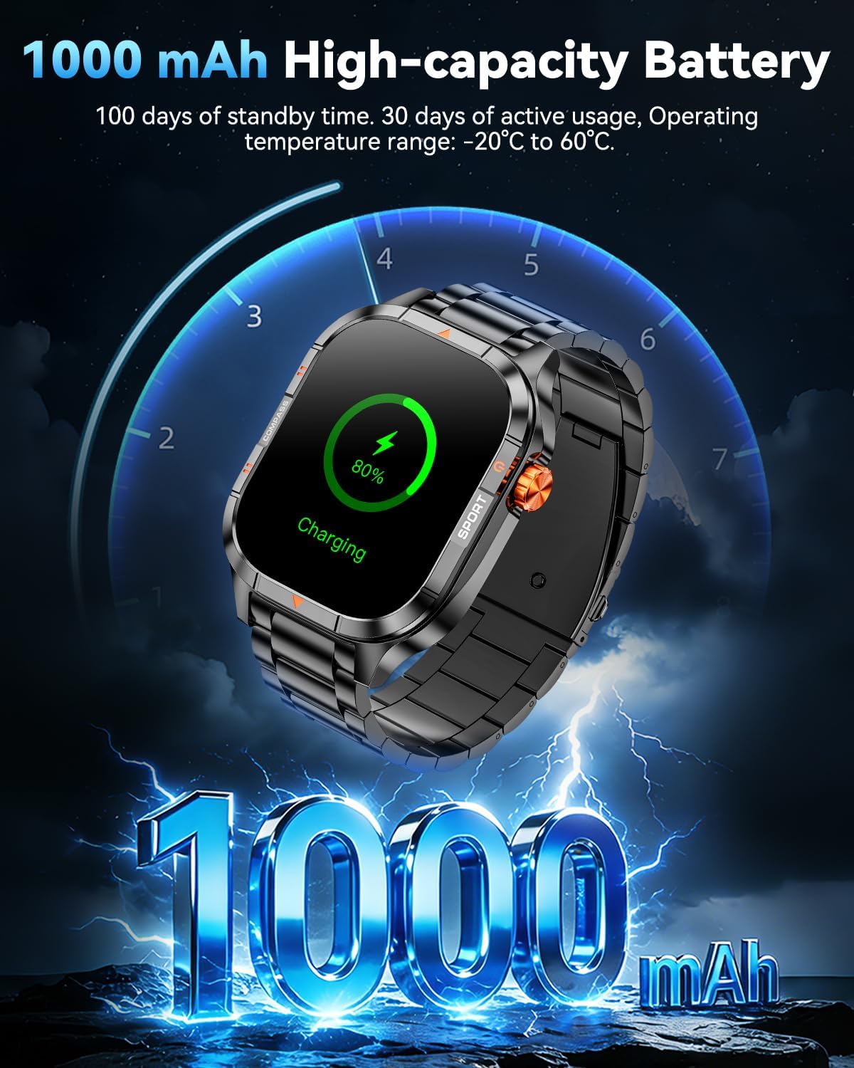 Military Smart Watches for Men, 2.01'' Smart Watch with 1000mAh Battery/Flashlight,Answer/Make Calls Smart Watch for Android and iPhone with SpO2/Heart Rate/Sleep/100+ Sport Modes, Fitness Tracker - Image 2