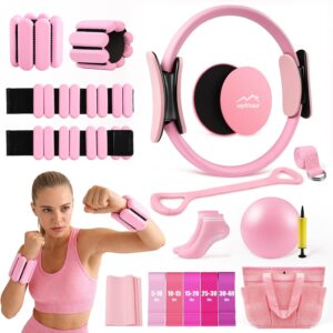 Uyittour 16PCS Pilates Kit, Home Pilates Workout Kit with Ankle Weights, Pilates Ring and Ball Set for Women, Pilates Equipment with Resistance Bands, Core Sliders & Socks for Starter Home Workouts