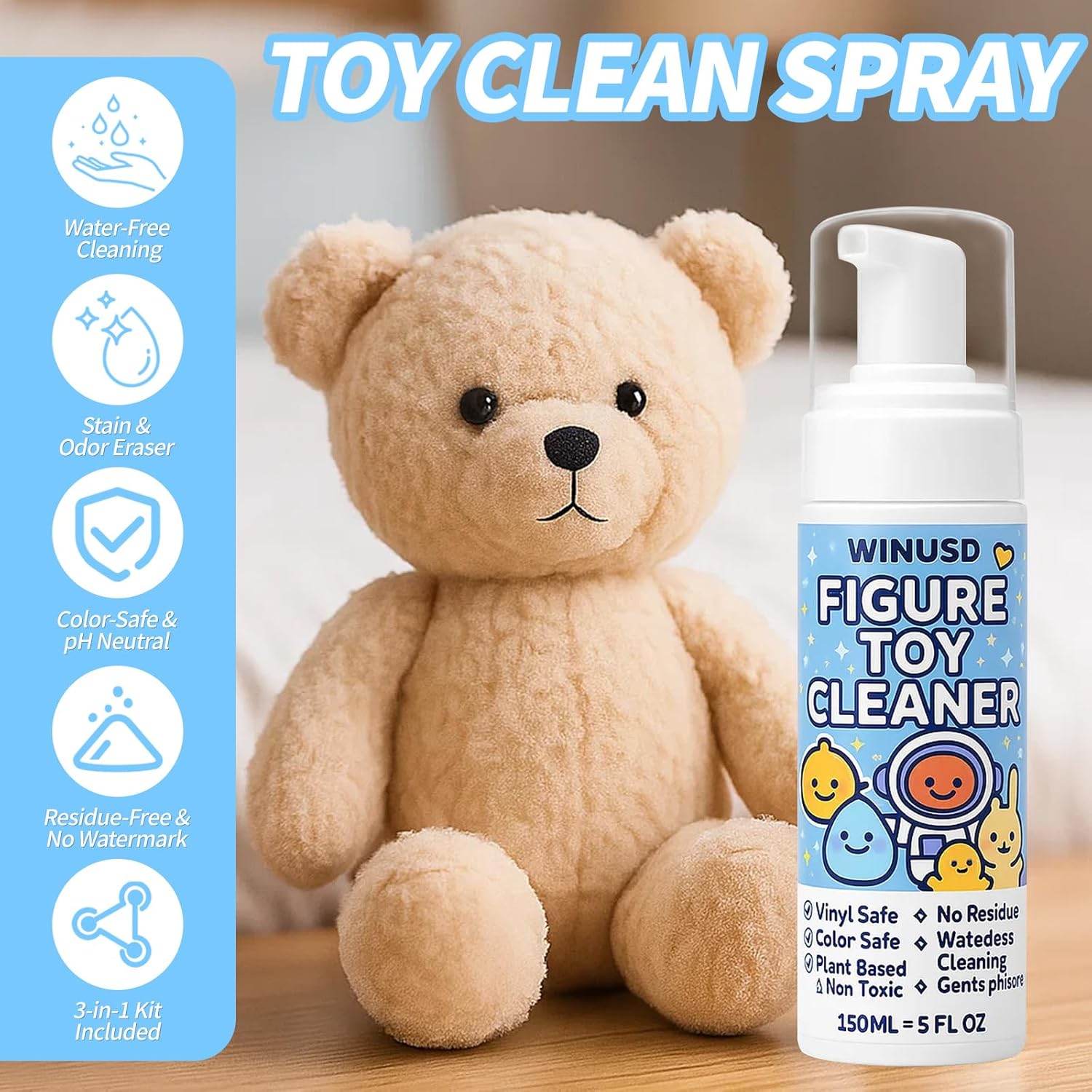 Figure & Plush Toy Cleaner - 5oz Foam Spray for Stuffed Animals & Soft Dolls with Brush & Cloth | No Rinse, Zero Residue, Color-Safe| Safe for Delicate Fabrics & Pets, Christmas Gifts for Plush Lovers - Image 3