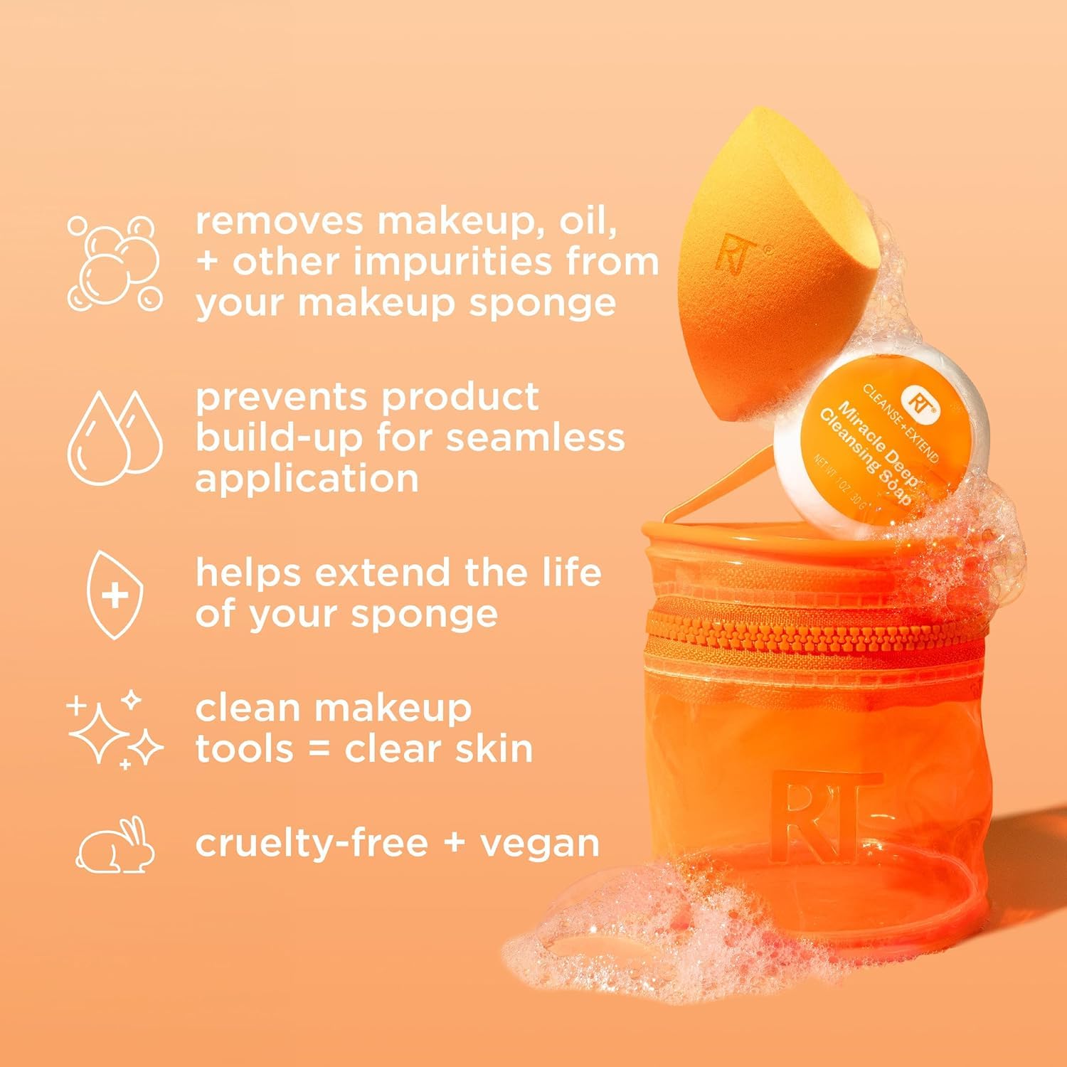Real Techniques Miracle Blend + Cleanse 3 Piece Set, Makeup Sponge For Blending Foundation & Solid Soap For Deep Cleaning Sponges, Includes Travel Storage Tote, Cruelty-Free, & Latex-Free - Image 4