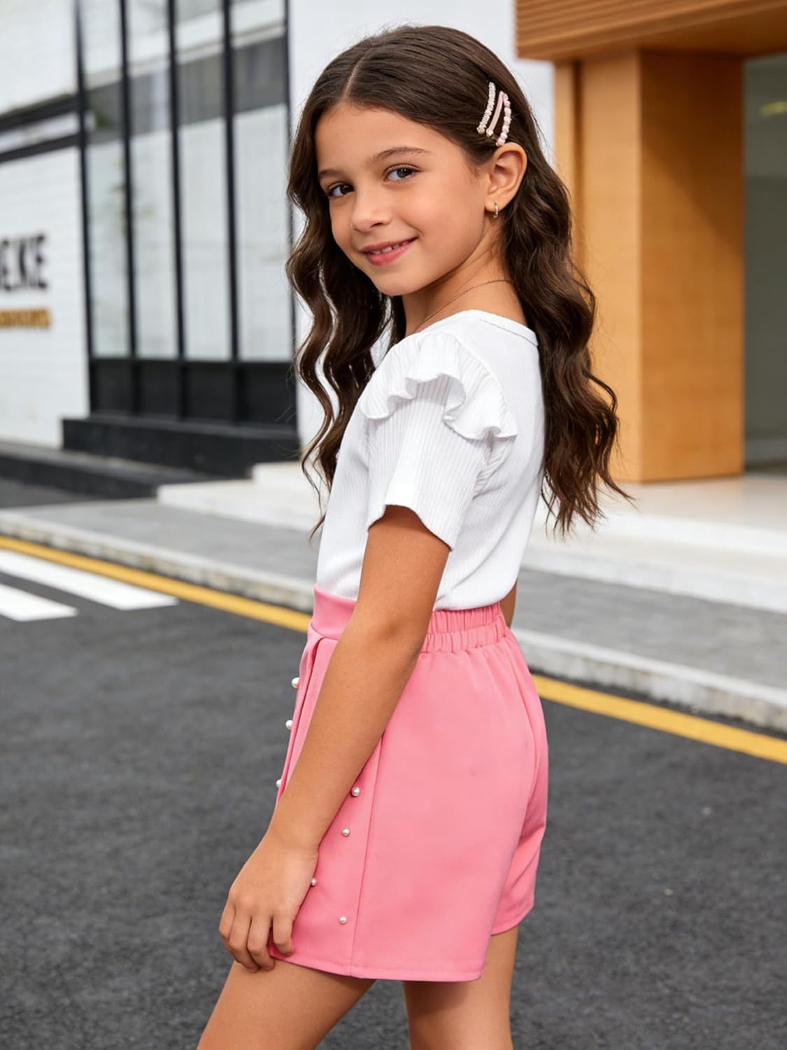 Girls 2 Piece Clothes Ruffled Sleeve Striped Top and Pearl Skirt Short Set Girl Summer Clothes Size 6-12 Years - Image 9