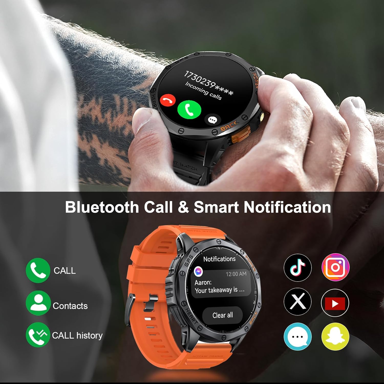 Military Smart Watches Built-in GPS, 170+ Sport Modes for Men with Flashlight, Smartwatch for Android Phones and iPhone, 1.43" AMOLED Screen Bluetooth Call Compass Altimeter (Black & Orange (2 Bands)) - Image 3