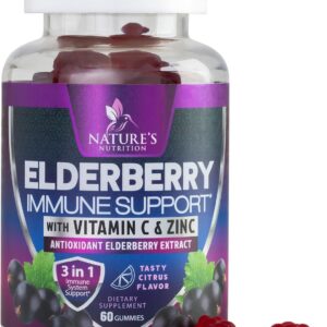 Elderberry Immune Support Gummies – 3X Strength Sambucus Elderberry Gummy with Vitamin C, D3 & Zinc – Nature’s Black Elderberry Extract – Immune Support Supplement for Adults & Kids – 60 Gummies
