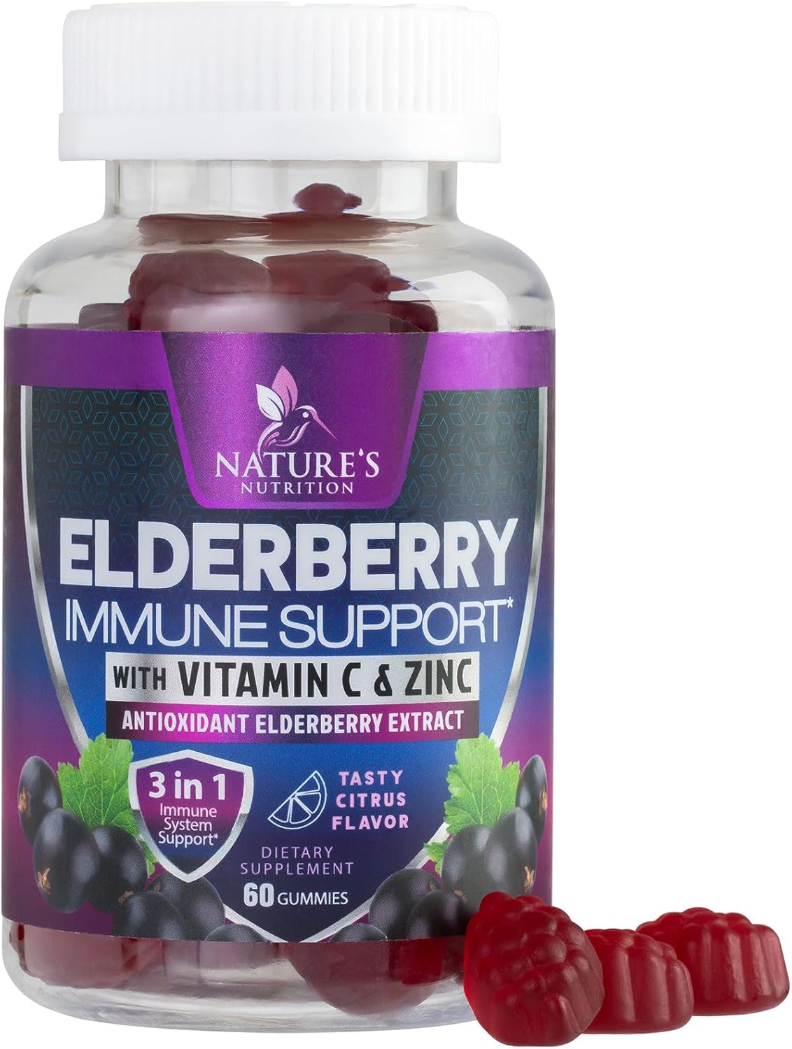 Elderberry Immune Support Gummies - 3X Strength Sambucus Elderberry Gummy with Vitamin C, D3 & Zinc - Nature’s Black Elderberry Extract - Immune Support Supplement for Adults & Kids - 60 Gummies