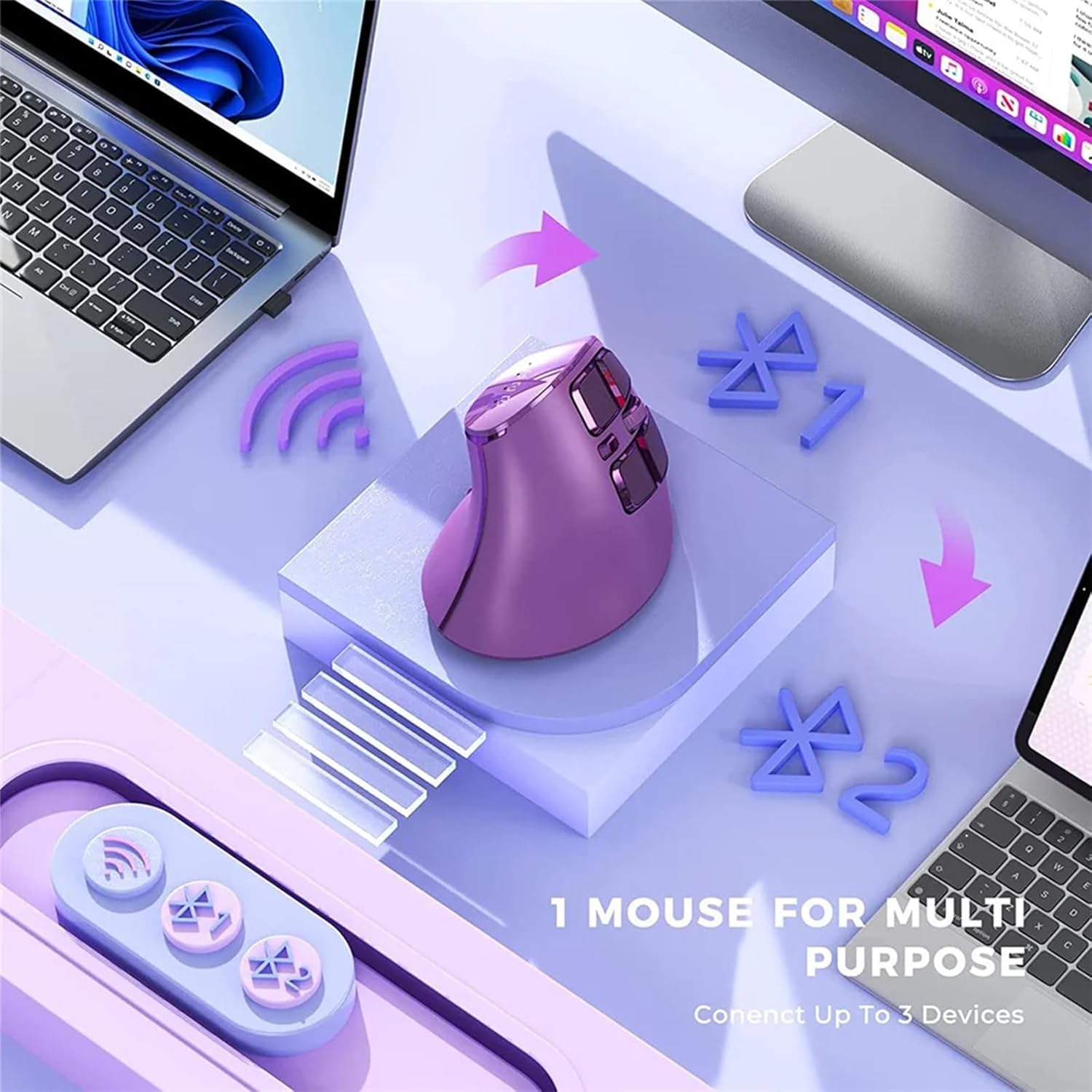 Vertical Mouse, Wireless Ergonomic Optical Mouse (BT 5.0 + Bluetooth 3.0 + USB Connection) with 9 Buttons, Rechargeable Computer Mouse for Wins PC/Laptop, Mac (Purple) - Image 3