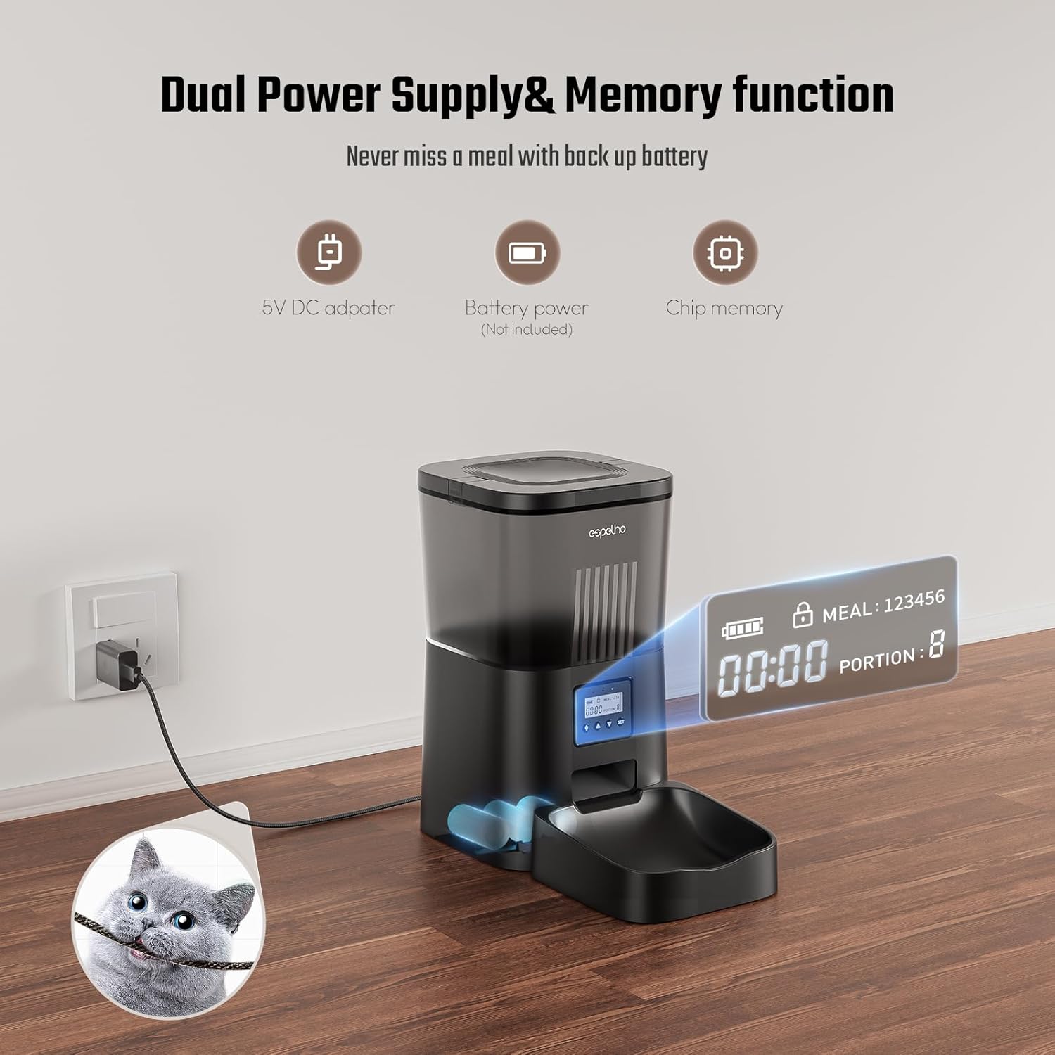 Espelho Automatic Cat Feeder- 4L Timed Cat Food Dispenser 1-6 Meals Control for Cat and Small Dog- Auto Pet Feeder with Desiccant Bag Keep Fresh for Reliable Easy Set Up and Clean- Voice Recorder - Image 4