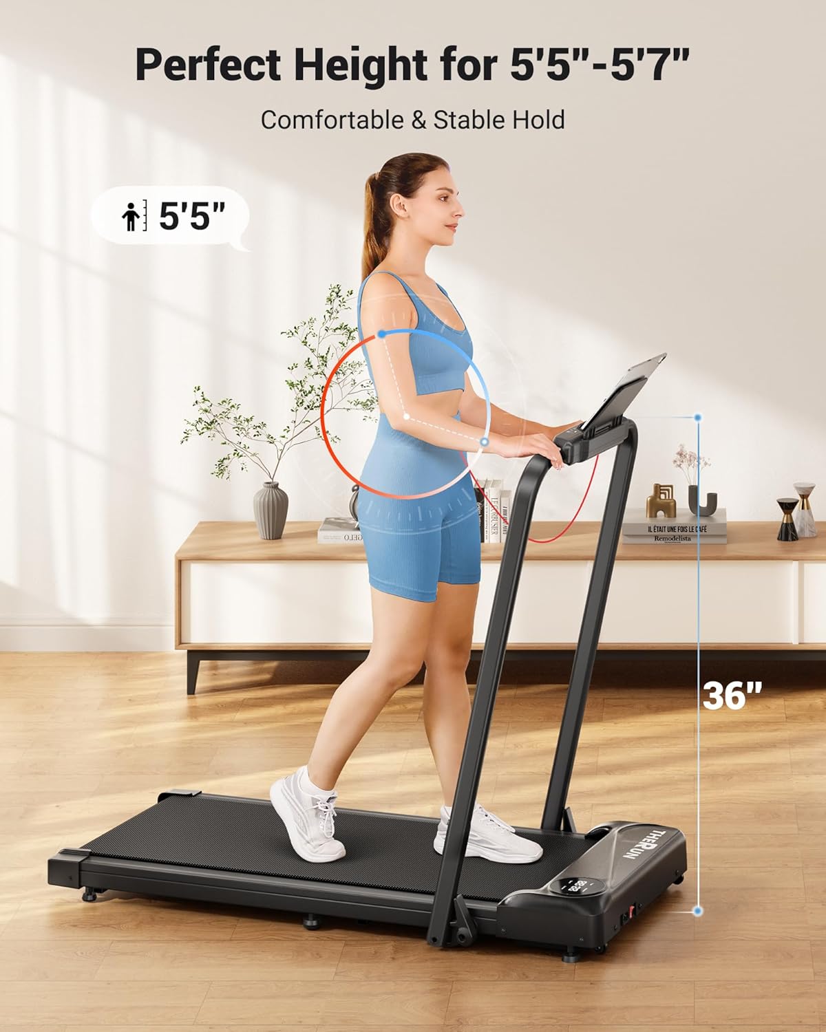 THERUN Walking Pad, 2 in 1 Foldable Treadmills for Home, 2.5HP Under Desk with Handle Bar, 16" Widened Running Belt, Treadmill with Remote Control & LED Touch Screen - Image 4