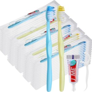 FoldTier 300 Sets Disposable Toothbrushes with Toothpaste and Floss Bulk Individually Wrapped 10g Toothpaste Homeless Hygiene Kit Bulk Homeless Care Package Supply for Travel Shelter (Blue,Pink)