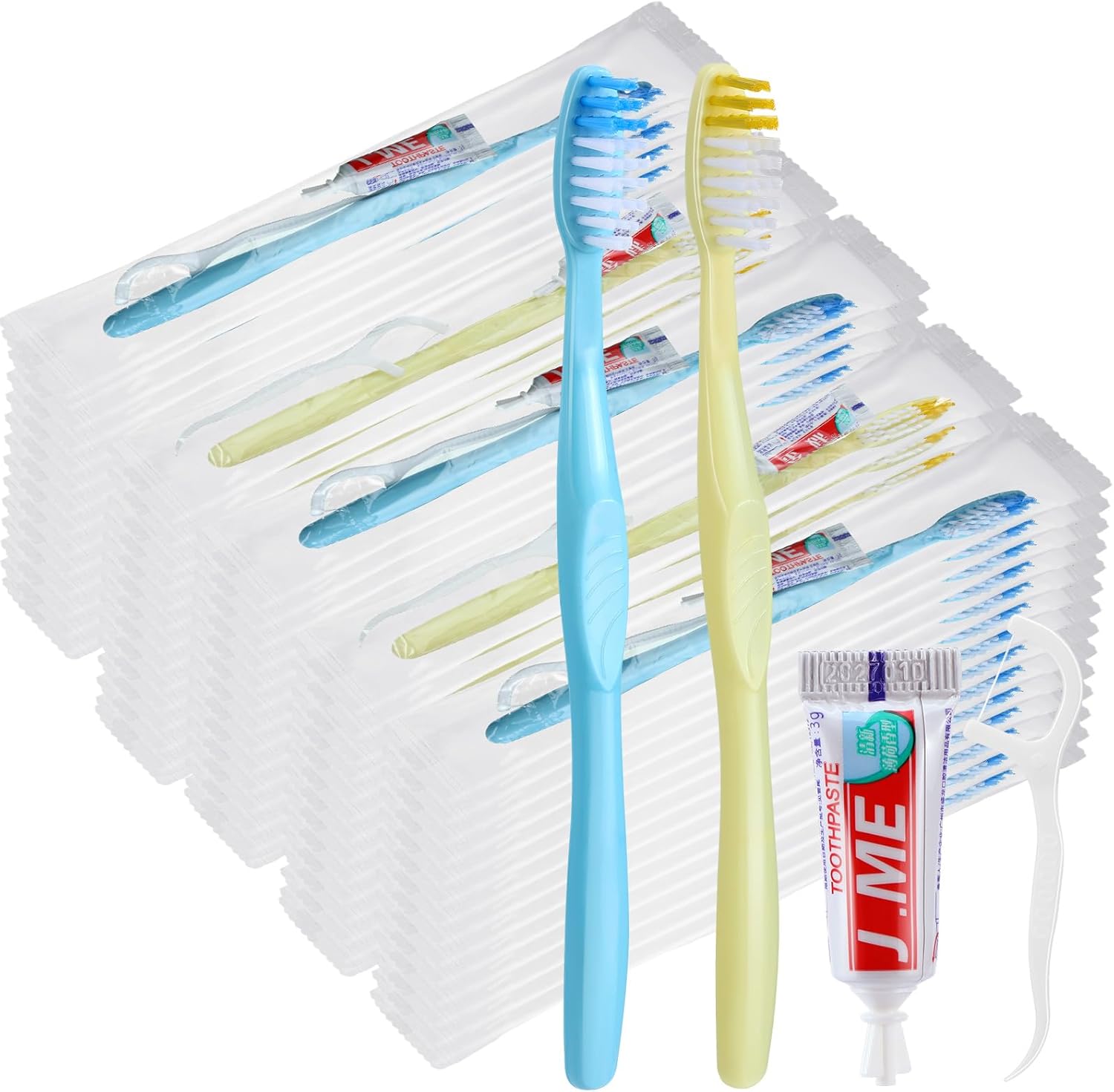 FoldTier 300 Sets Disposable Toothbrushes with Toothpaste and Floss Bulk Individually Wrapped 10g Toothpaste Homeless Hygiene Kit Bulk Homeless Care Package Supply for Travel Shelter (Blue,Pink)