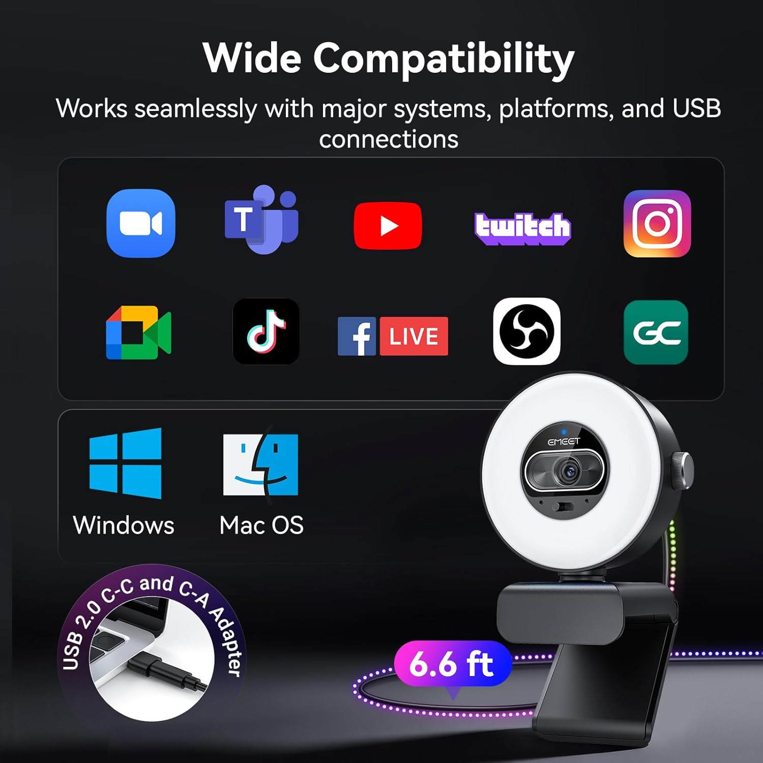 EMEET S600L 4K Webcam for Streaming with Ring Light, 4 Lighting Modes, Rainbow Effect, 1/2" Sensor, AI Imaging, 0.2S PDAF, 2 Mics, Dial Control, 4K Webcam with Light for OBS/Twitch/YouTube/Zoom/PC/Mac - Image 9