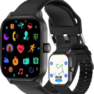 Smart Watch, GPS & Free Maps, 1.96″ HD Screen, AI, Bluetooth Call & Text, Health, Fitness & 24/7 Sleep Tracker, 100+ Workout Modes, 5 ATM Water-Resistance, for Men & Women, Android & iOS, 2 Bands