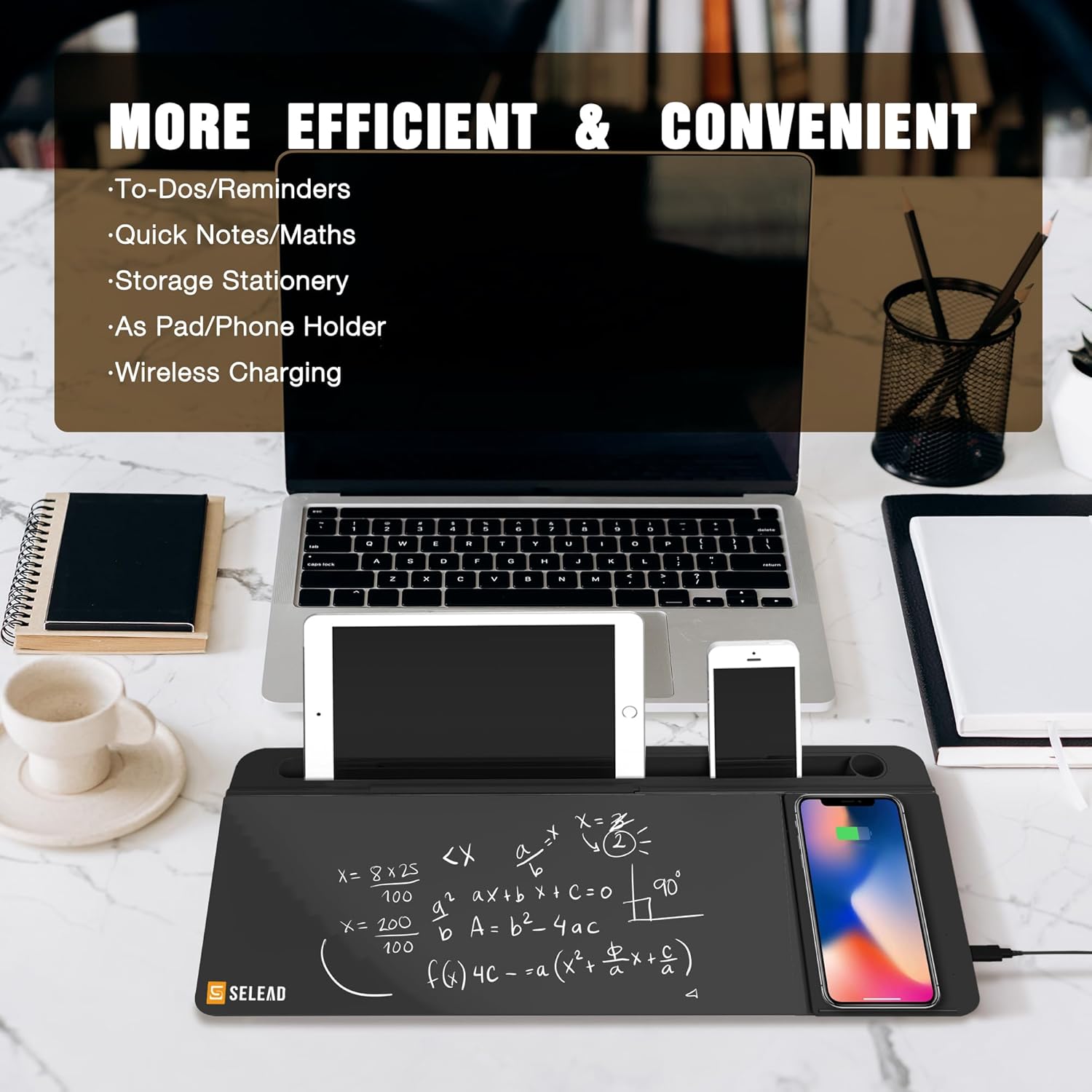 SELEAD Desktop Glass Whiteboard with Wireless Charger Station, Dry Erase Board Computer Pad Keyboard Stand with Organizer for Home, School, Office Desk Accessories, Black - Image 3