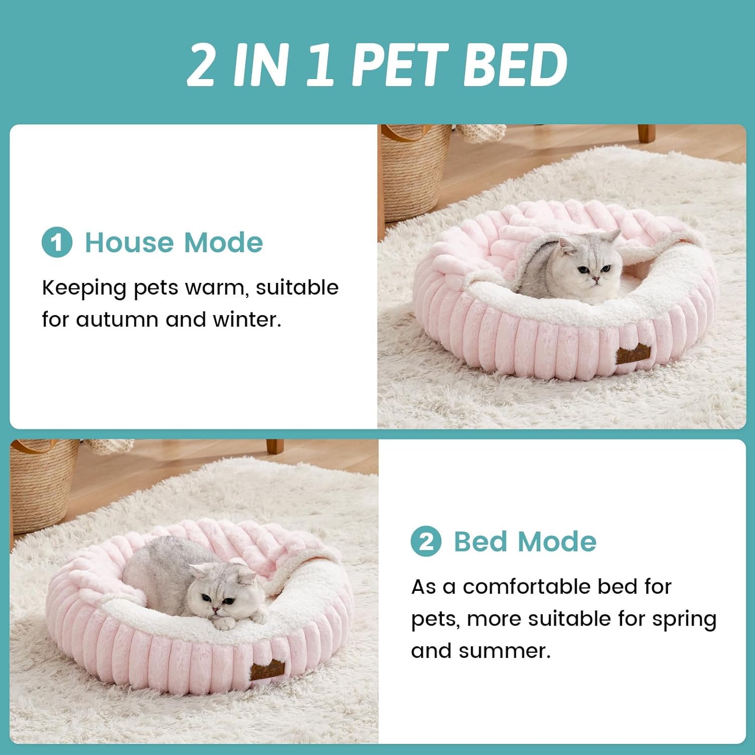 Cat Bed with Hooded Blanket, Round Fluffy Anti-Anxiety Pet Bed for Cats/Toy Breed Dogs, Cozy Donut Cuddler with Machine Washable Faux Fur & Anti-Slip Bottom(20"×20"×6",Pink) - Image 3
