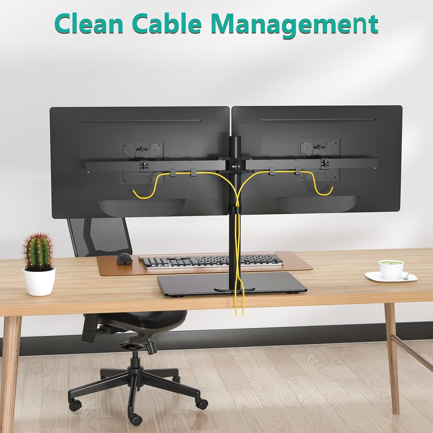 WALI Free Standing Dual Monitor Stand, Height Adjustable Monitor Mount with Glass Base, Fits LCD LED Flat Curved Screen up to 27 inch, 22lbs, with Grommet Base (GMF002) - Image 5
