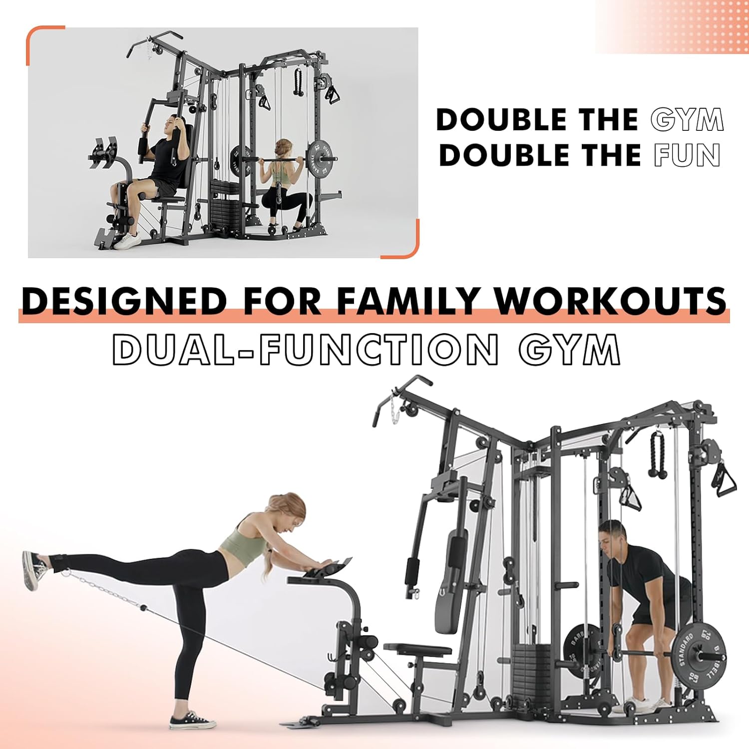 GMWD Dual-Station SmithΔ Machine Power Cage, All-in-One Home Gym Workout Station with 121LB Weight Stacks & Cable Crossover, Professional Functional Trainer for Couples & Family Strength Training - Image 2
