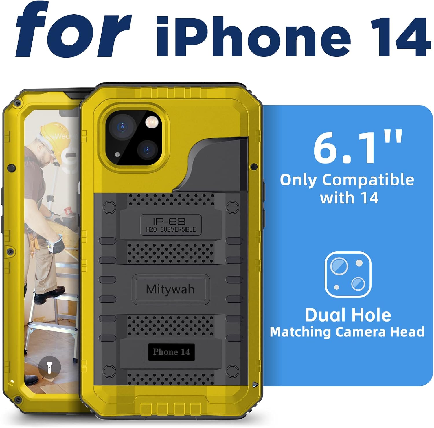 Mitywah Waterproof Case for iPhone 14, Heavy Duty Shockproof Case with Built-in Screen Protector, Full Body Underwater Protective Metal Case 6.1 inch, Yellow - Image 2