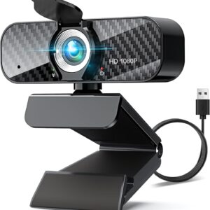 Webcam Full HD 1080P with Built-in Microphone and Rotatable Tripod, Carbon Fiber Board and Privacy Cover, Auto Light Correction, Adjustable FOV, Plug&Play for Zoom/Skype/Facetime/YouTube, Laptop/PC